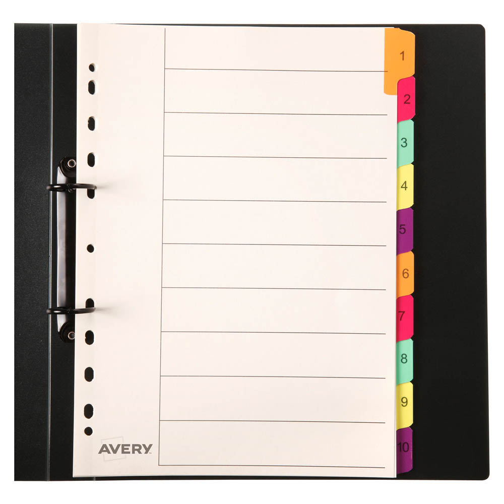 AVERY 85723 DIVIDER PLASTIC 1-10 INDEX TAB A4 FLUORESCENT MULTI COLOURS |  | 7027518i