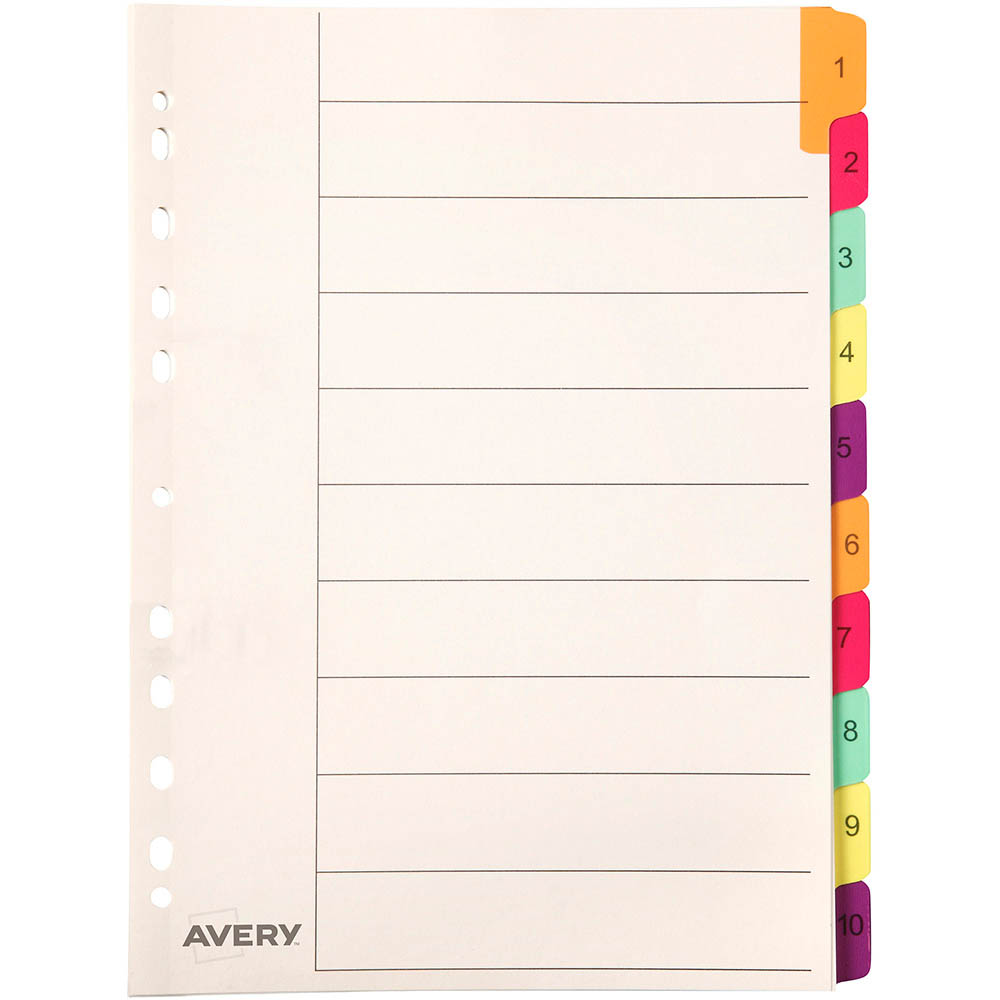AVERY 85723 DIVIDER PLASTIC 1-10 INDEX TAB A4 FLUORESCENT MULTI COLOURS |  | 7027518i