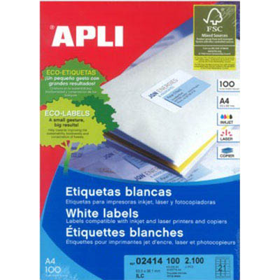 Image for APLI 2414 GENERAL USE LABELS ROUND CORNERS 21UP 63.5 X 38.1MM A4 WHITE 100 SHEETS from Mitronics Corporation