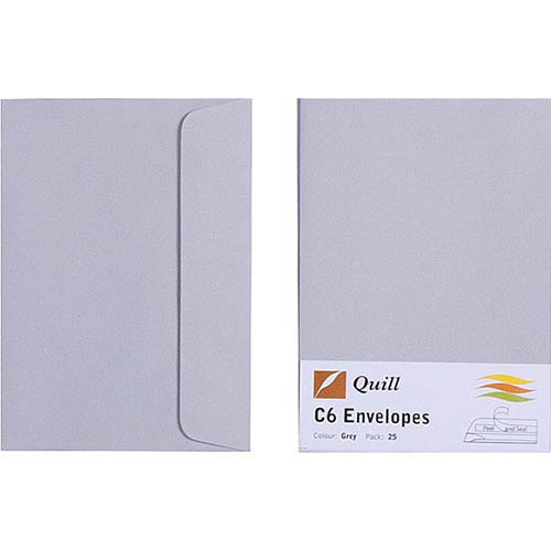 Image for QUILL C6 COLOURED ENVELOPES PLAINFACE STRIP SEAL 80GSM 114 X 162MM GREY PACK 25 from BusinessWorld Computer & Stationery Warehouse