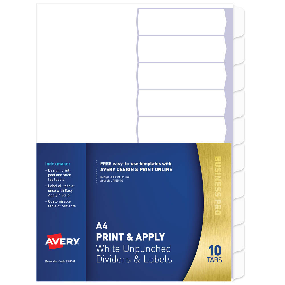 Image for AVERY 930161 L7455-10 DIVIDER UNPUNCHED PRINT AND APPLY 1-10 TAB A4 WHITE from York Stationers