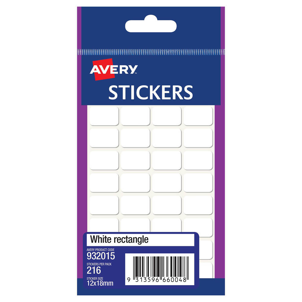 Image for AVERY 932015 MULTI-PURPOSE STICKERS RECTANGLE 12 X 18MM WHITE PACK 216 from BusinessWorld Computer & Stationery Warehouse
