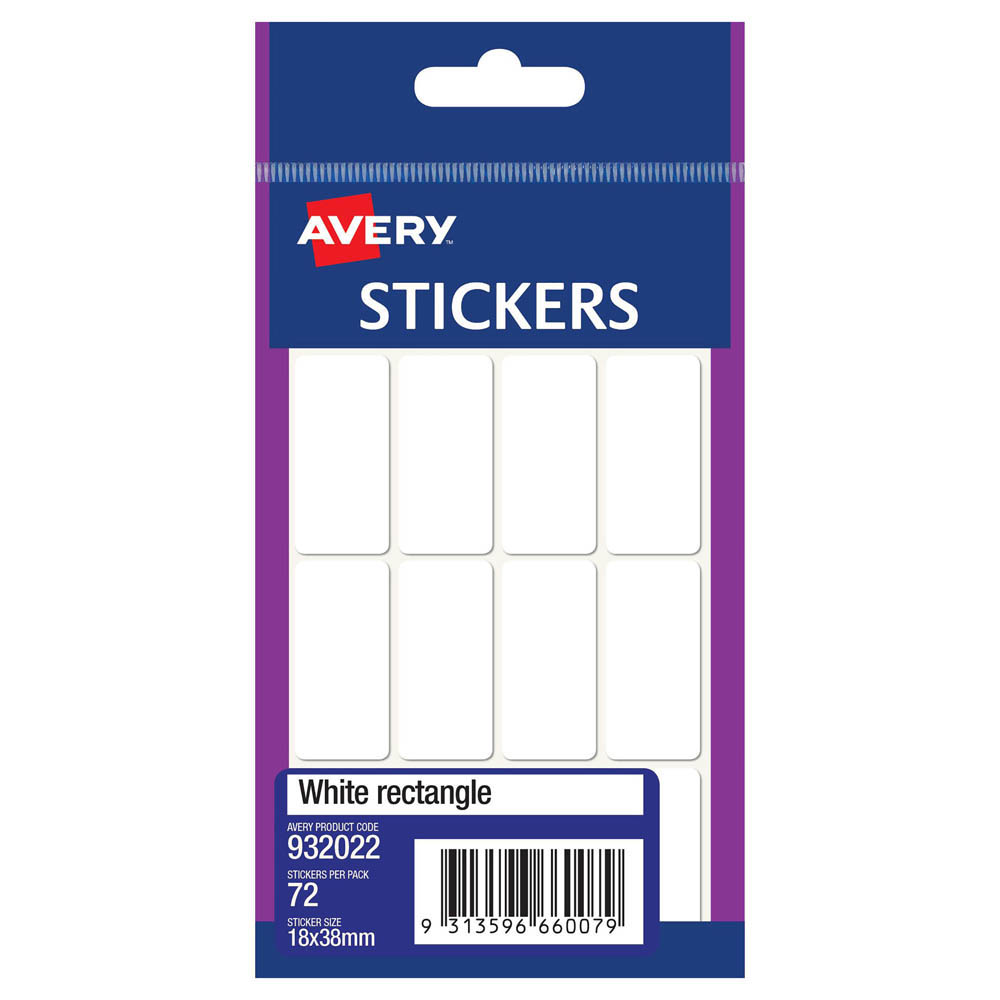 Image for AVERY 932022 MULTI-PURPOSE STICKERS RECTANGLE 18 X 38MM WHITE PACK 72 from BusinessWorld Computer & Stationery Warehouse