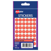 avery 932281 multi-purpose stickers circle 12mm fluro red pack 216