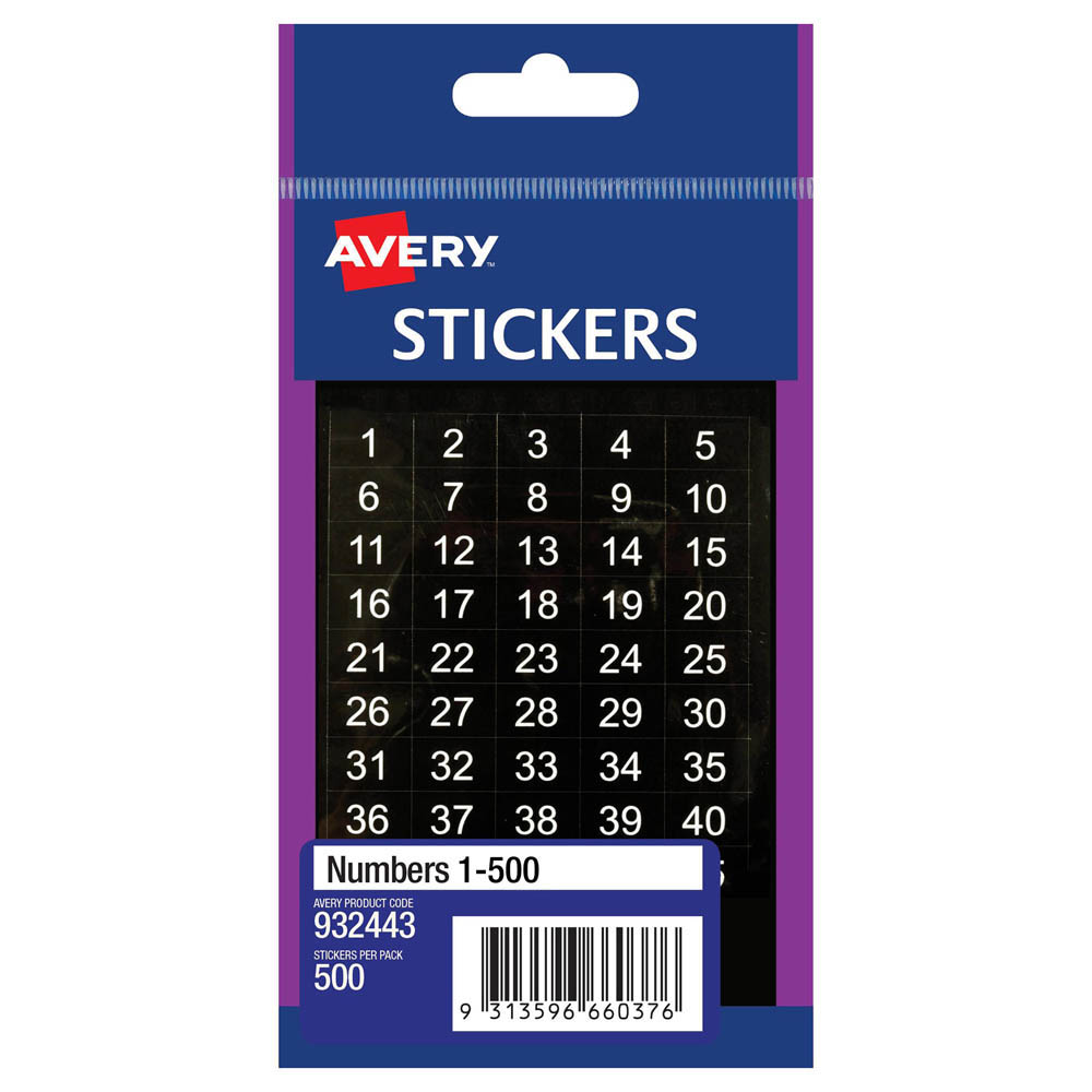 Image for AVERY 932443 MULTI-PURPOSE STICKERS 1-500 12 X 12MM WHITE ON BLACK PACK 500 from That Office Place PICTON
