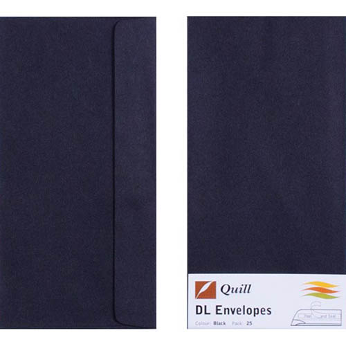 Image for QUILL DL COLOURED ENVELOPES PLAINFACE STRIP SEAL 80GSM 110 X 220MM BLACK PACK 25 from Prime Office Supplies