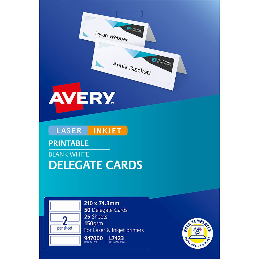 AVERY 947000 L7423 DELEGATE CARDS LASER EMBOSSED 2UP 210 X 74.25MM 150GSM PACK 25 |  | 7020156i
