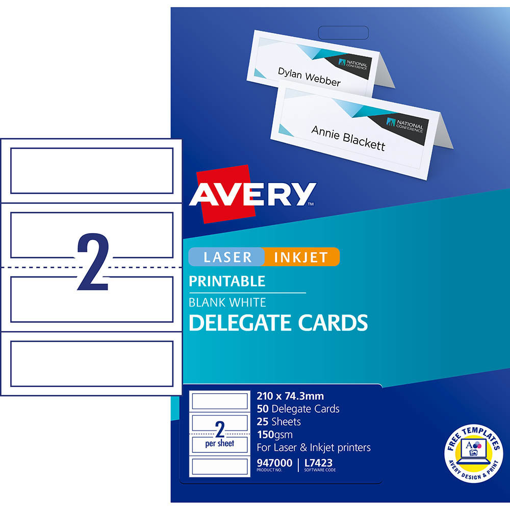 AVERY 947000 L7423 DELEGATE CARDS LASER EMBOSSED 2UP 210 X 74.25MM 150GSM PACK 25 |  | 7020156i
