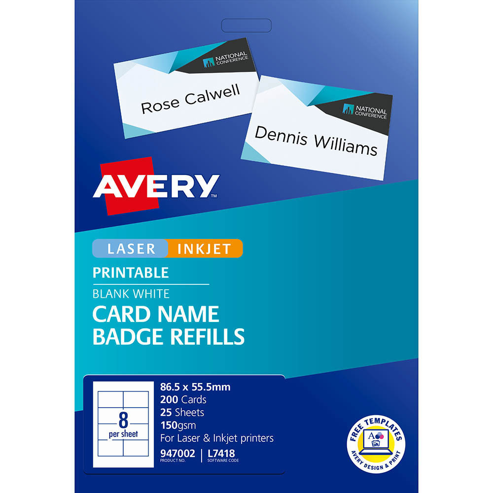 AVERY 947002 L7418K NAME BADGE CARD REFILLS INKJET/LASER WHITE 150GSM 8UP 86.5 X 55.5MM PACK 200 |  | 7019814i