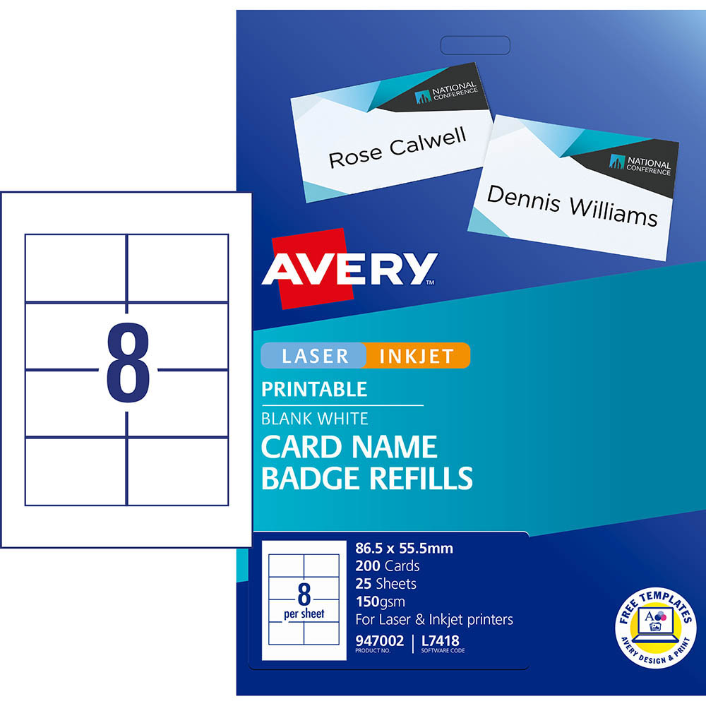 AVERY 947002 L7418K NAME BADGE CARD REFILLS INKJET/LASER WHITE 150GSM 8UP 86.5 X 55.5MM PACK 200 |  | 7019814i