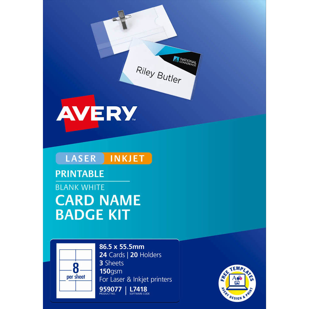 AVERY 959077 L7418K NAME BADGE KIT MICROPERFORATED 86.5 X 55.5MM WHITE |  | 7027556