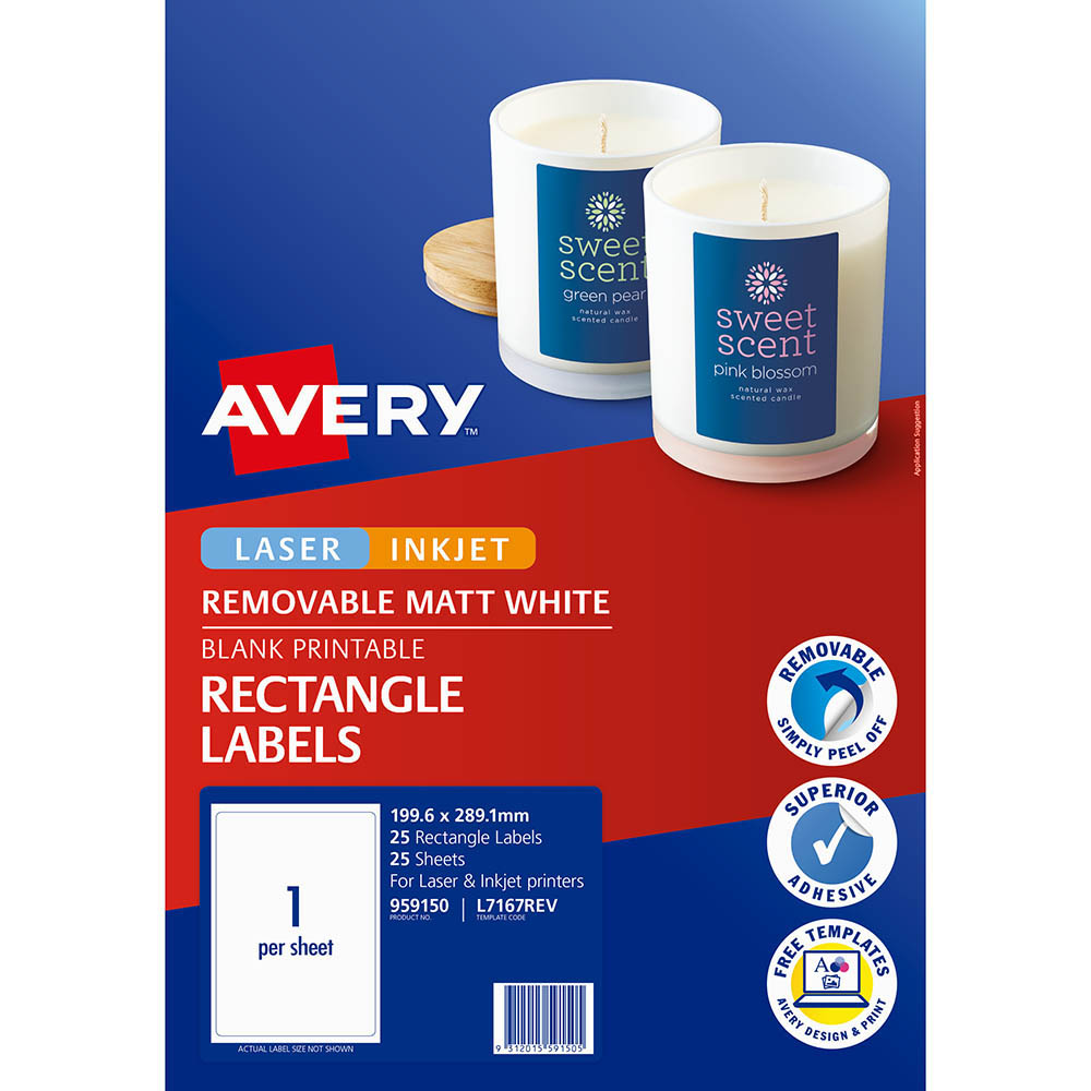 AVERY 959150 L7167REV REMOVABLE MULTI-PURPOSE LABEL LASER/INKJET 1UP MATT WHITE PACK 25 |  | 7029921i