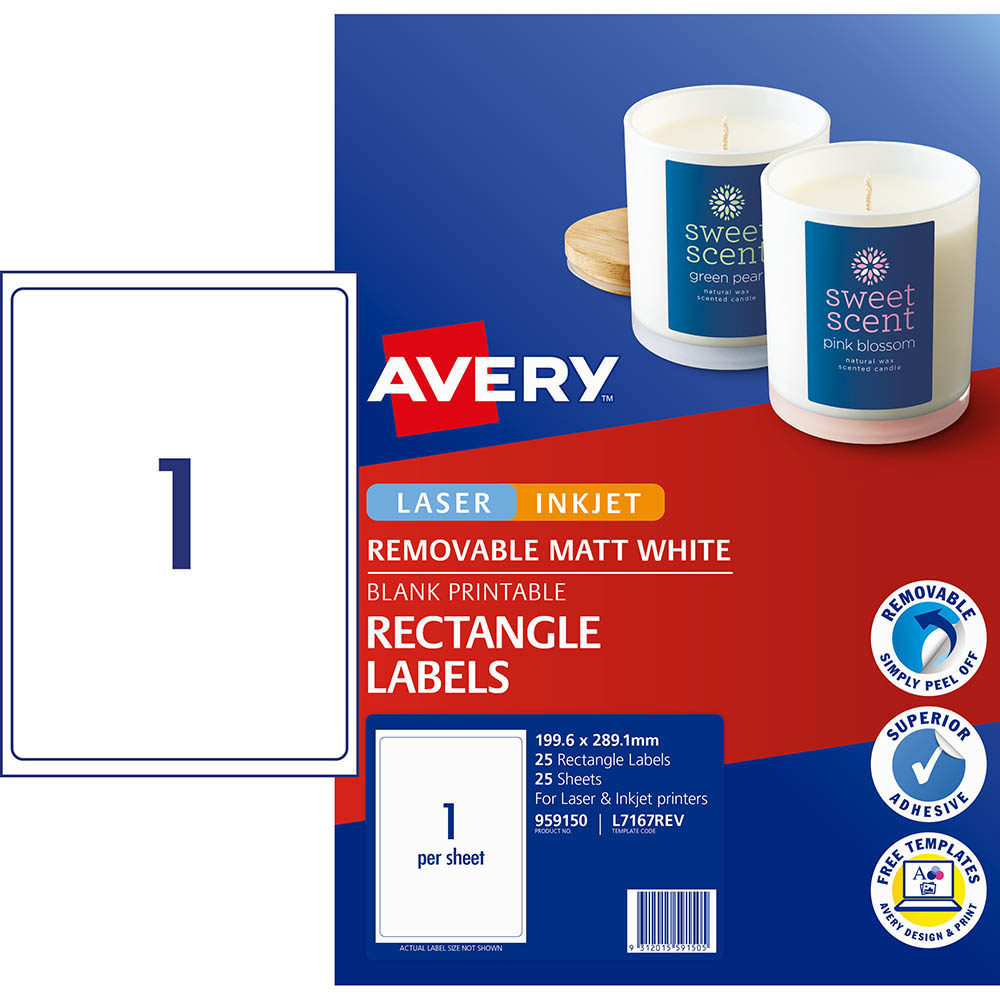 AVERY 959150 L7167REV REMOVABLE MULTI-PURPOSE LABEL LASER/INKJET 1UP MATT WHITE PACK 25 |  | 7029921i