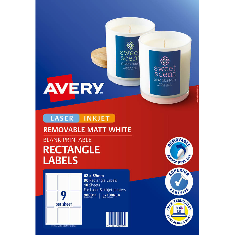 Image for AVERY 980011 L7108REV REMOVABLE BLANK PRINTABLE LABELS RECTANGULAR LASER/INKJET WHITE PACK 90 from Prime Office Supplies