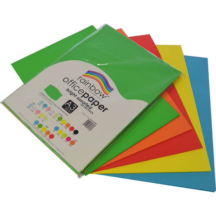 Image for RAINBOW COLOURED A3 COPY PAPER 80GSM 100 SHEETS BRIGHT ASSORTED from Mitronics Corporation