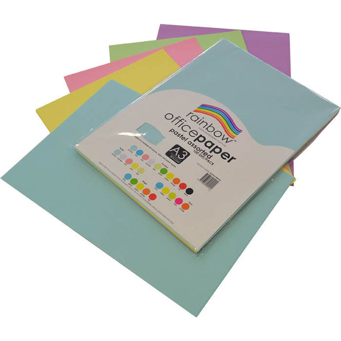 Image for RAINBOW COLOURED A3 COPY PAPER 80GSM 100 SHEETS PASTEL ASSORTED from Challenge Office Supplies