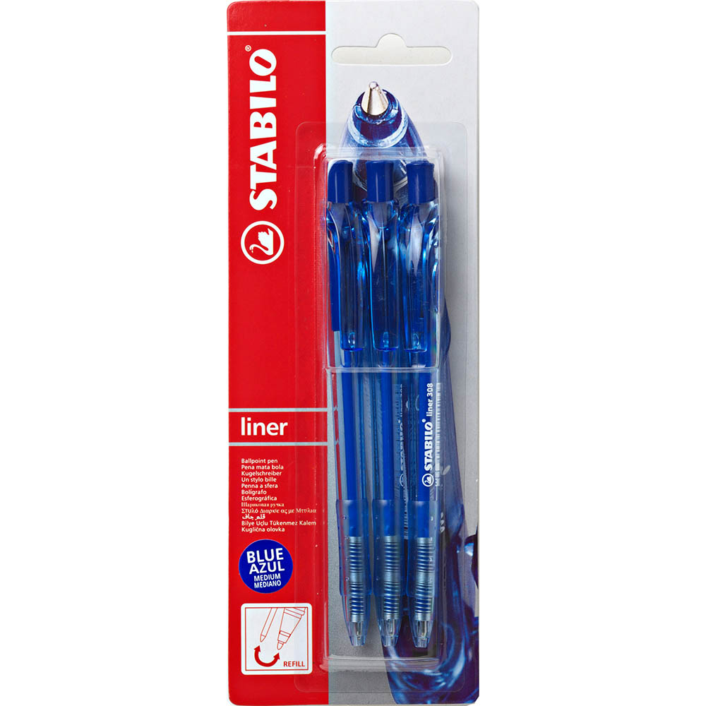 Image for STABILO 308 LINER RETRACTABLE BALLPOINT PEN 1.0MM BLUE PACK 3 from Office Fix - WE WILL BEAT ANY ADVERTISED PRICE BY 10%