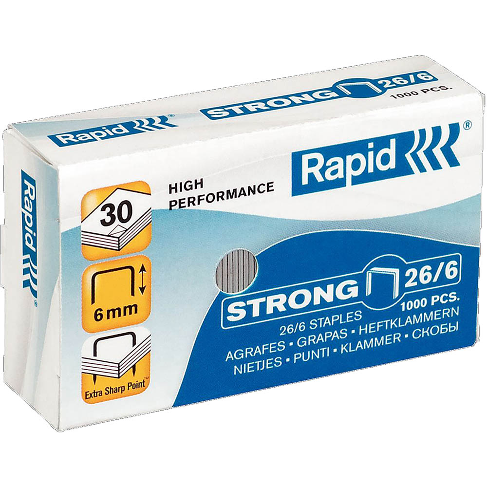 Image for RAPID HIGH PERFORMANCE STRONG STAPLES 26/6 BOX 1000 from Clipboard Stationers & Art Supplies