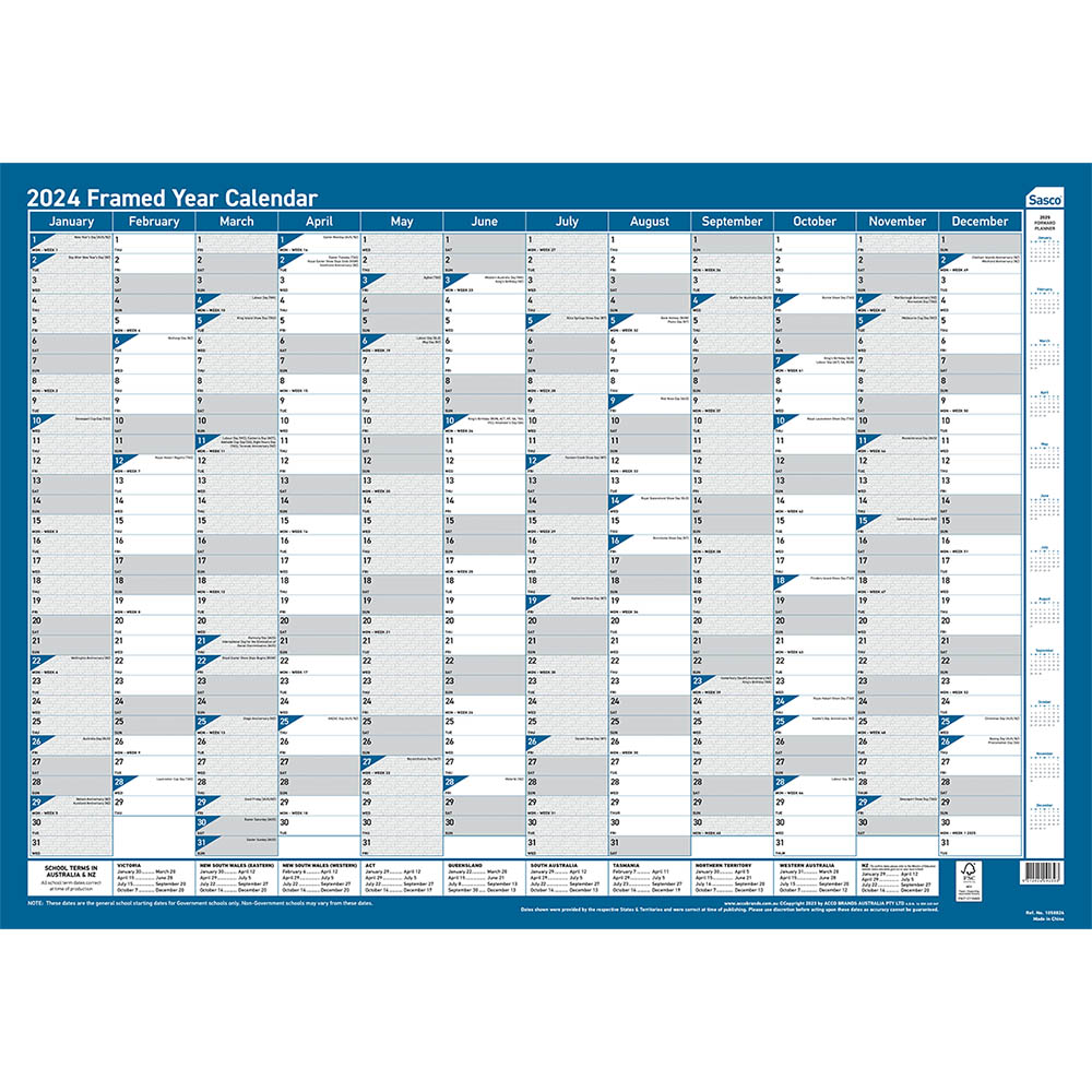 Image for SASCO 10588 FRAMED 700 X 1000MM PLANNER YEARLY from Prime Office Supplies