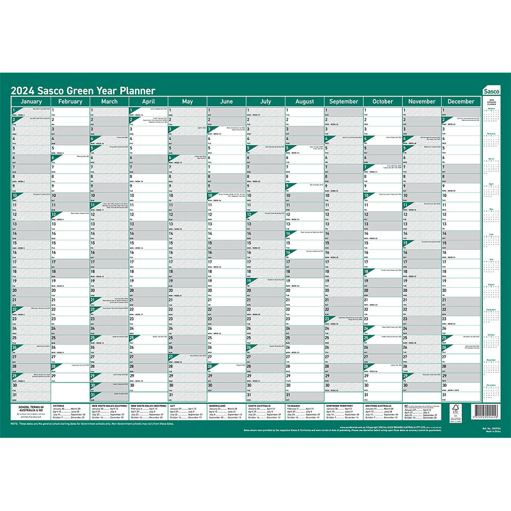 Image for SASCO 10597 GREEN 500 X 700MM YEAR PLANNER from Pinnacle Office Supplies