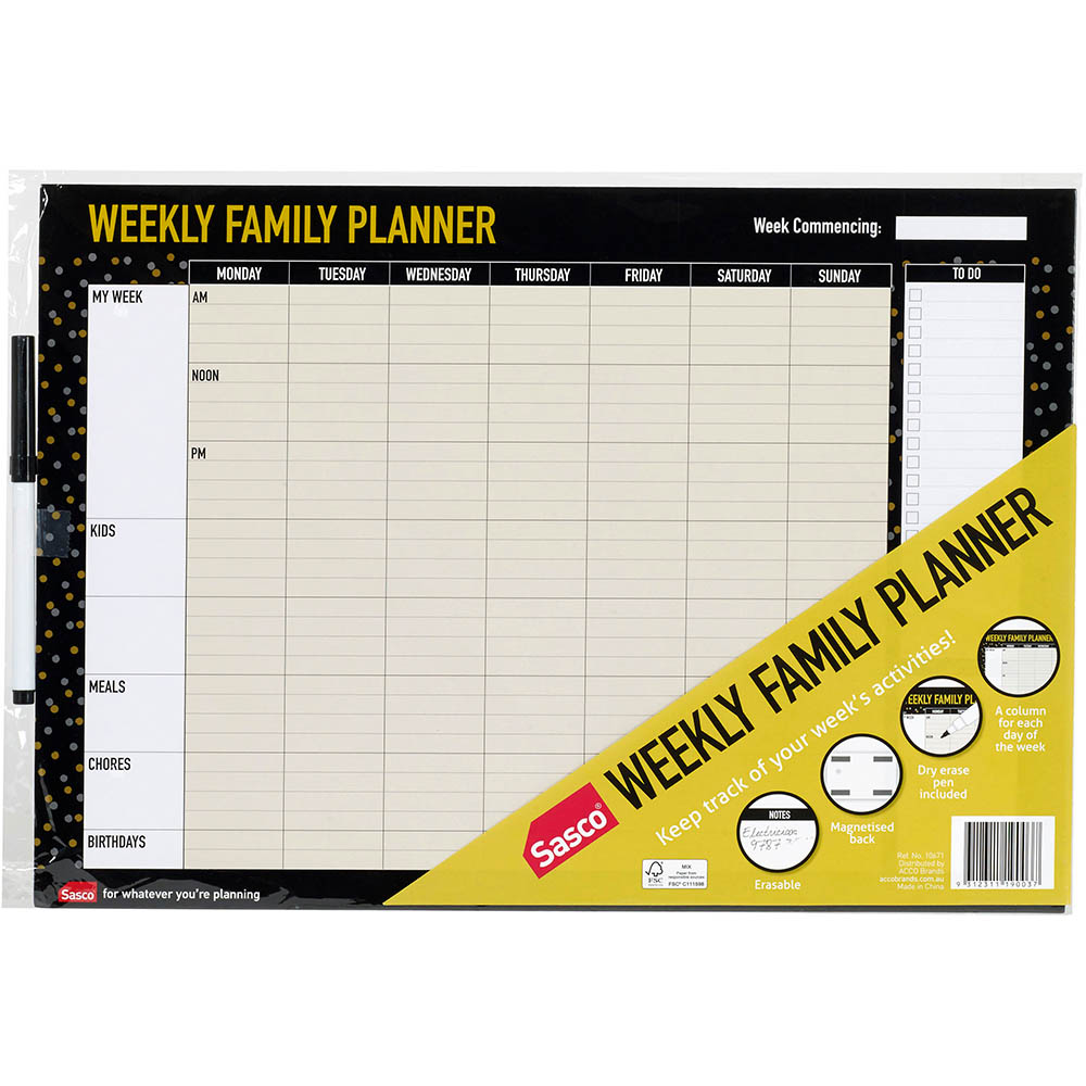 Image for SASCO UNDATED ERASABLE WEEKLY FAMILY PLANNER A3 from Prime Office Supplies