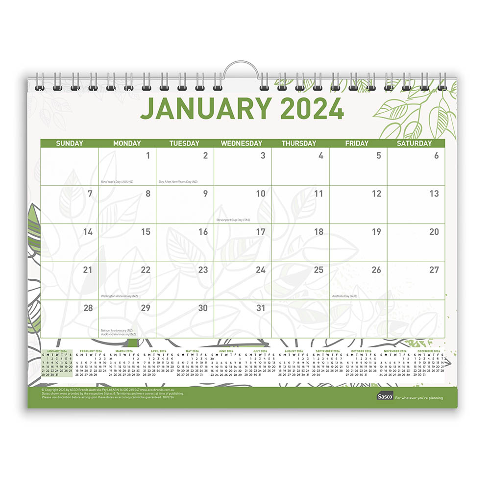 Image for SASCO 10707  ECO LARGE 380 X 300MM WALL CALENDAR from Clipboard Stationers & Art Supplies