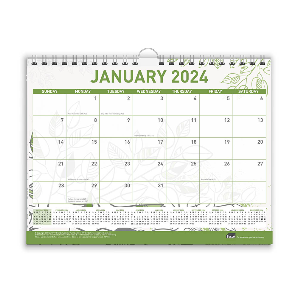 Image for SASCO 10710 ECO SMALL 280 X 215MM WALL CALENDAR from Clipboard Stationers & Art Supplies