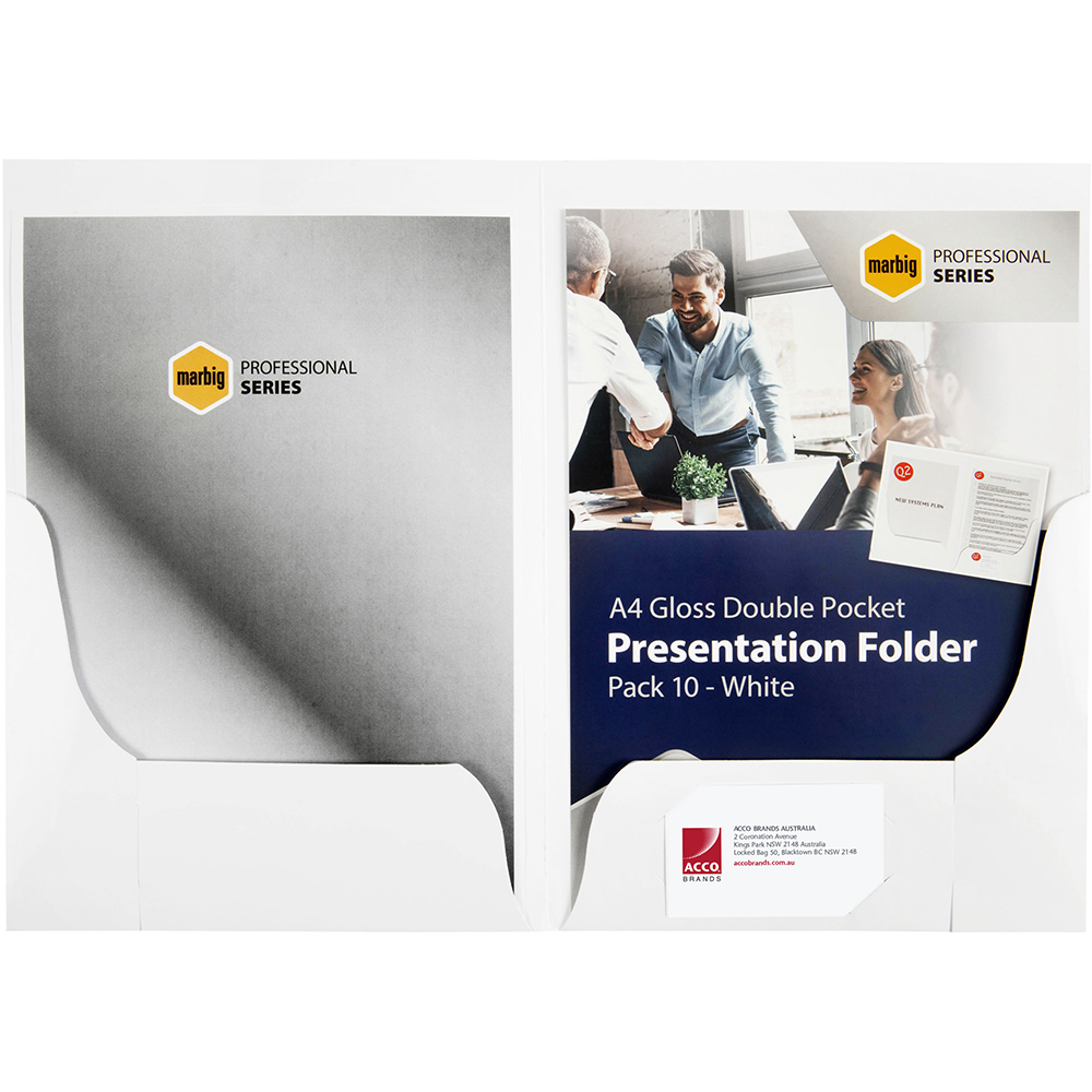 Image for MARBIG PROFESSIONAL PRESENTATION FOLDER DOUBLE POCKET A4 GLOSS WHITE PACK 10 from Office Heaven