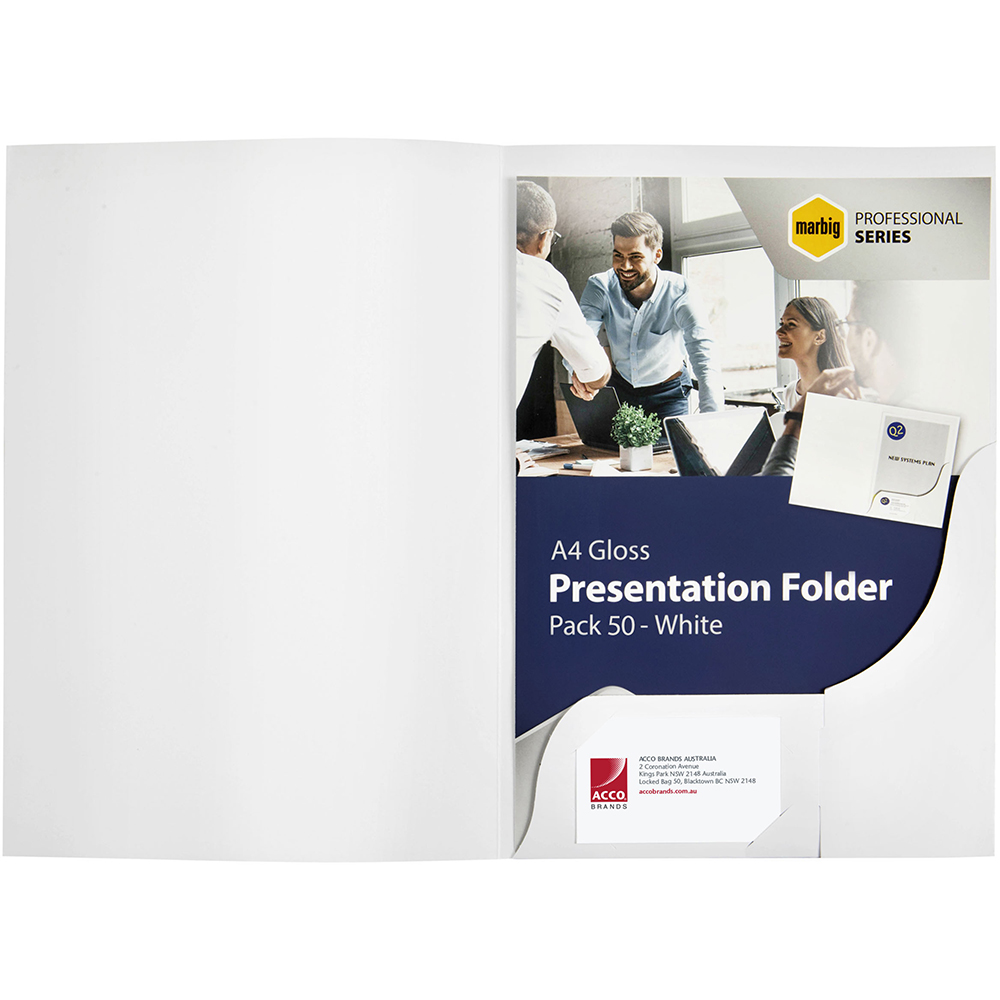 Image for MARBIG PROFESSIONAL PRESENTATION FOLDER A4 GLOSS WHITE PACK 50 from BusinessWorld Computer & Stationery Warehouse