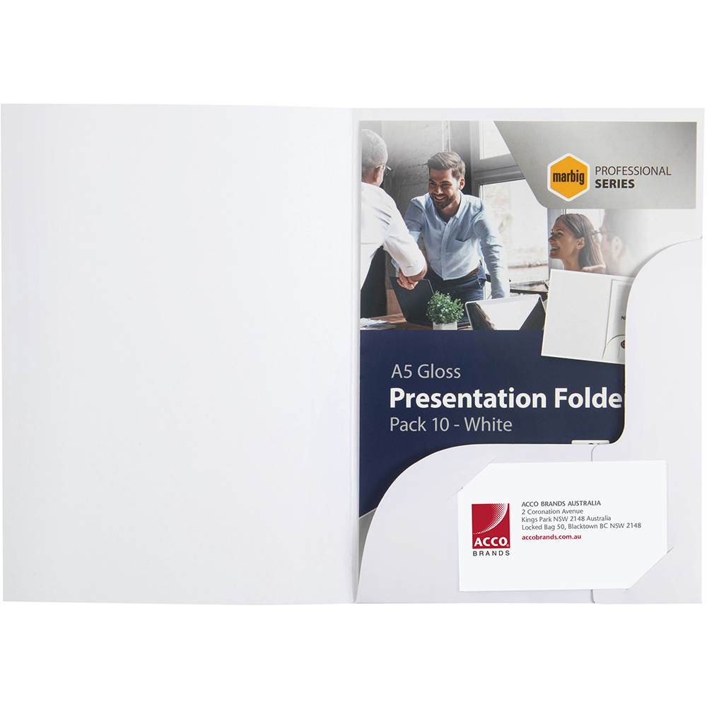 Image for MARBIG PROFESSIONAL PRESENTATION FOLDER A5 GLOSS WHITE PACK 10 from Clipboard Stationers & Art Supplies