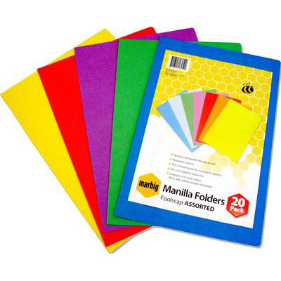 Image for MARBIG MANILLA FOLDER FOOLSCAP ASSORTED PACK 20 from Office Heaven