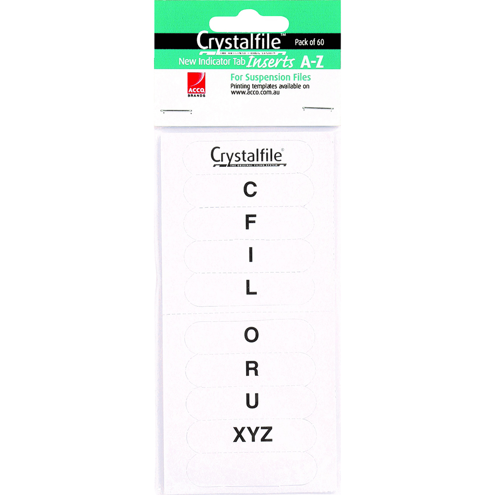 Image for CRYSTALFILE INDICATOR TAB INSERTS A-Z WHITE PACK 60 from BusinessWorld Computer & Stationery Warehouse