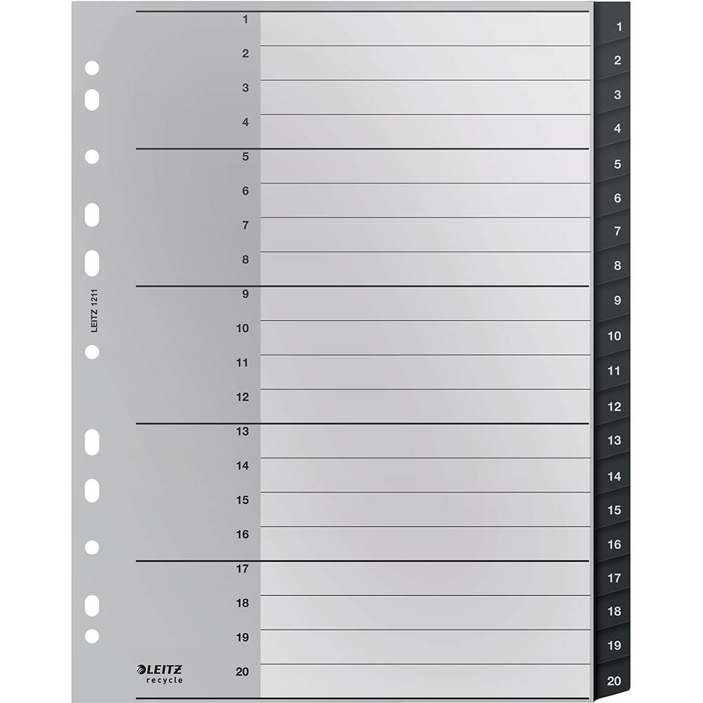Image for LEITZ RECYCLED INDEX DIVIDER PP 1-20 TAB A4 GREY from Office Heaven