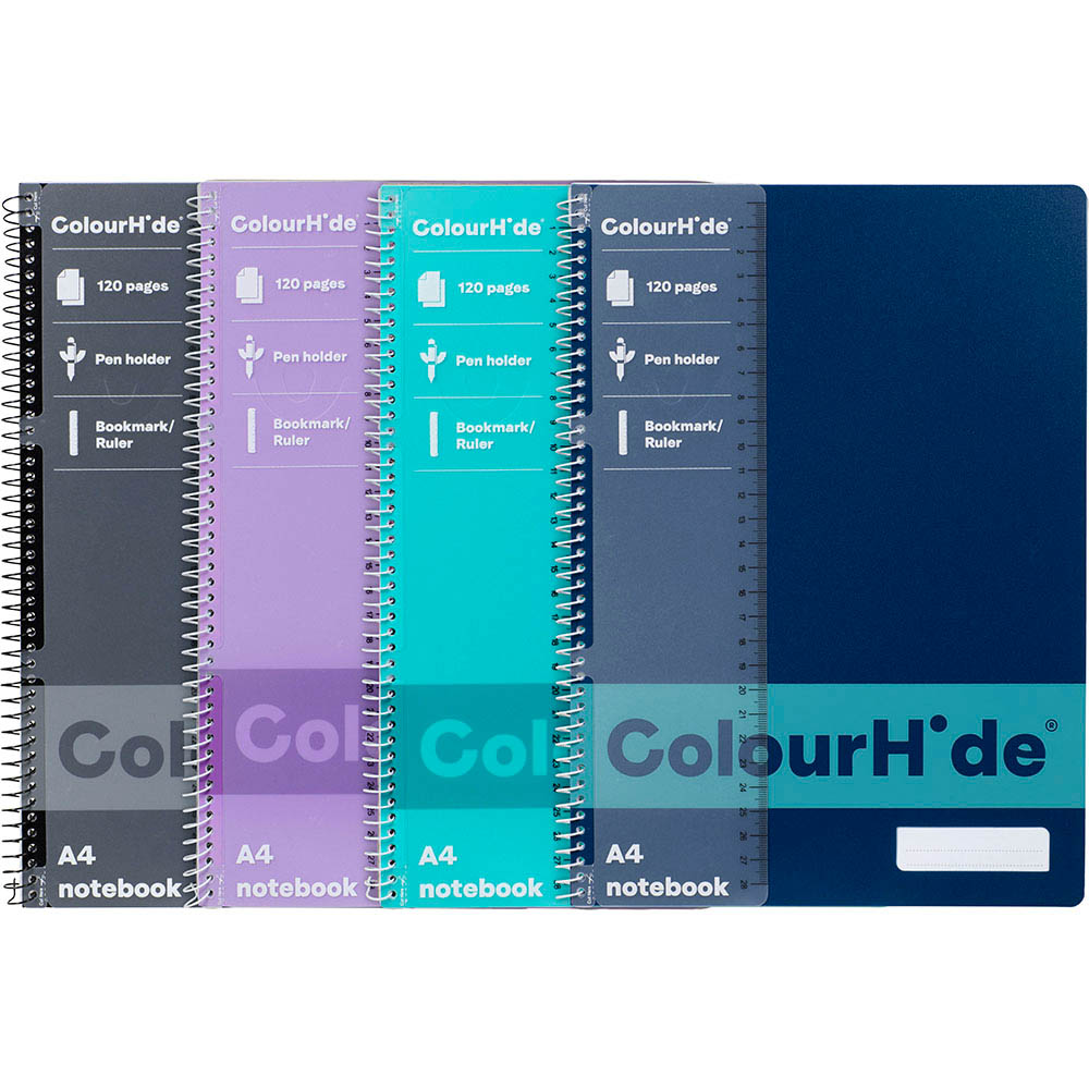 Image for COLOURHIDE NOTEBOOK 120 PAGE A4 ASSORTED PACK 4 from Australian Stationery Supplies