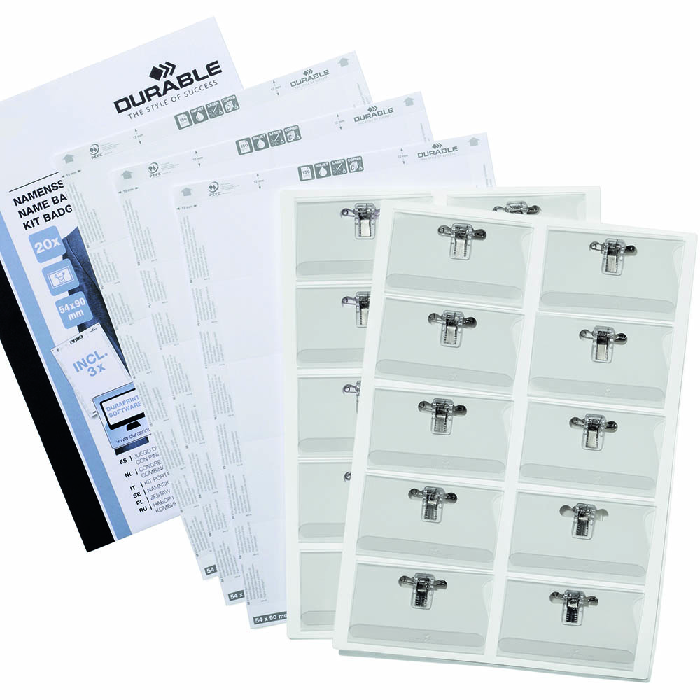 Image for DURABLE NAME BADGE COMBI CLIP AND INSERTS 54 X 90MM CLEAR PACK 20 from BusinessWorld Computer & Stationery Warehouse