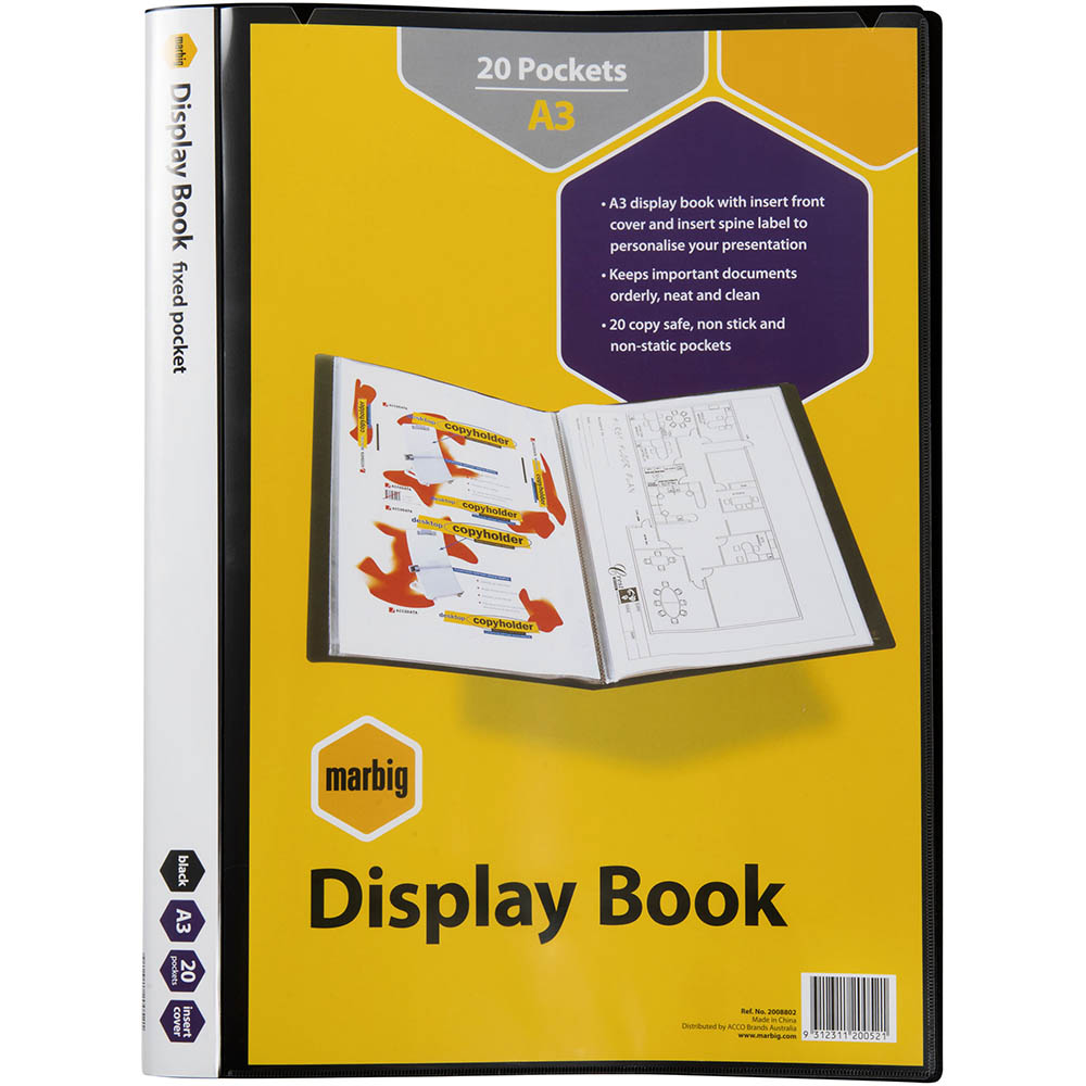 Image for MARBIG DISPLAY BOOK NON-REFILABLE SPINE INSERT 20 POCKET A3 BLACK from Australian Stationery Supplies