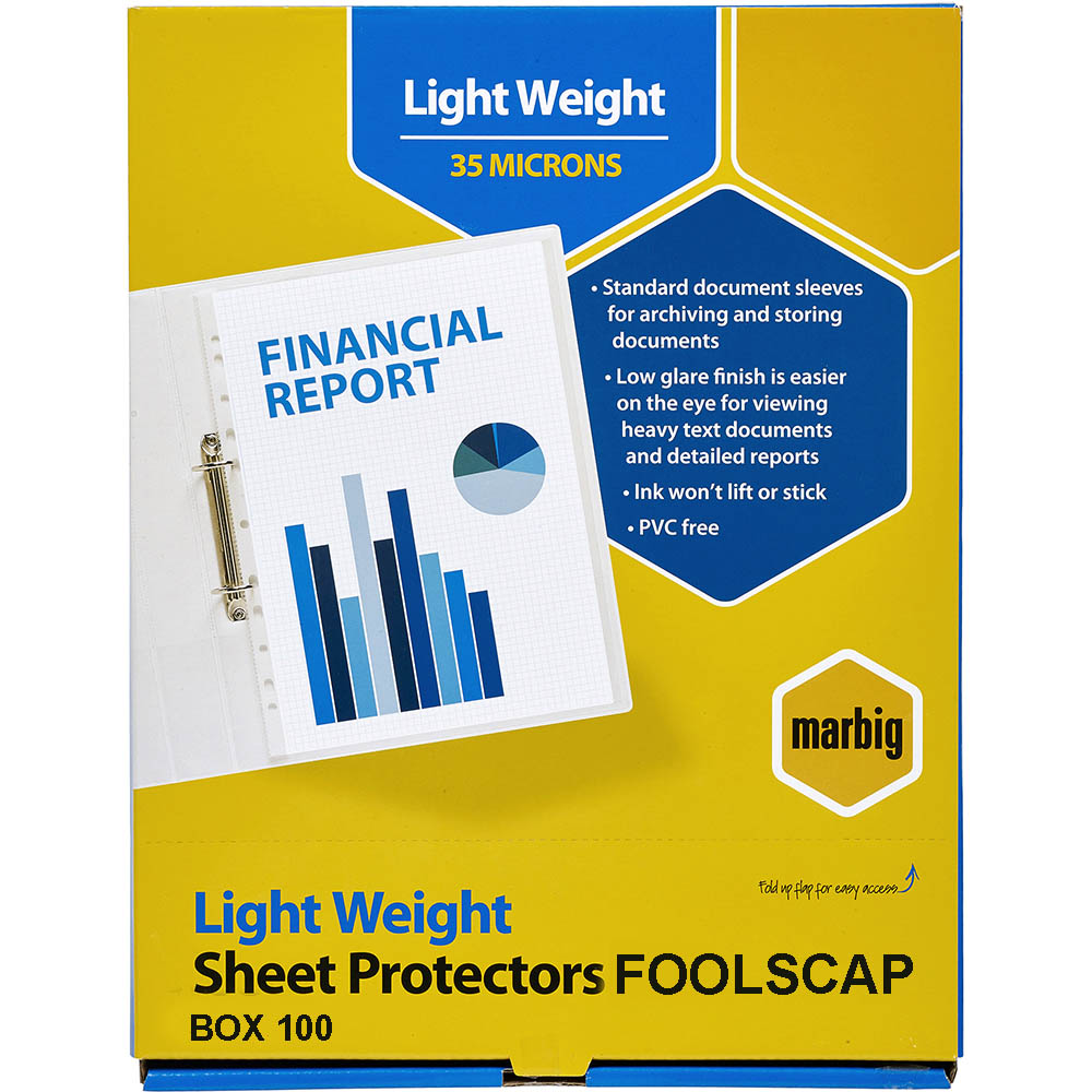 Image for MARBIG COPYSAFE SHEET PROTECTORS LIGHTWEIGHT FOOLSCAP BOX 100 from York Stationers