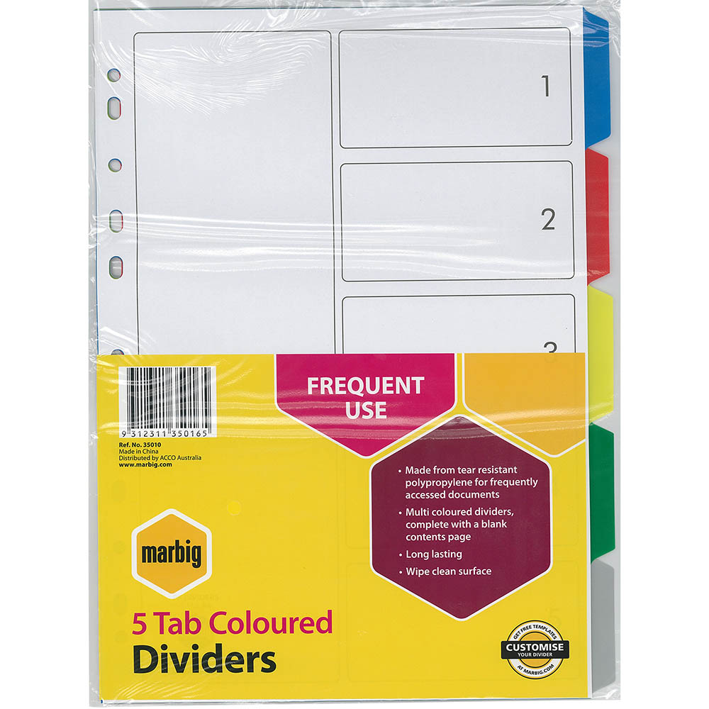 Image for MARBIG DIVIDER PP 5-TAB A4 ASSORTED from Eastland Office Supplies