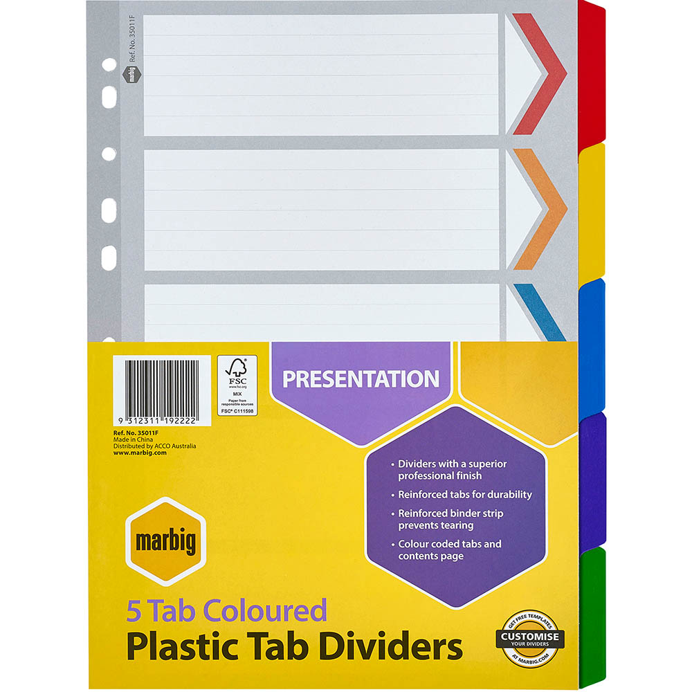 Image for MARBIG DIVIDER REINFORCED MANILLA 5-TAB A4 ASSORTED from SNOWS OFFICE SUPPLIES - Brisbane Family Company