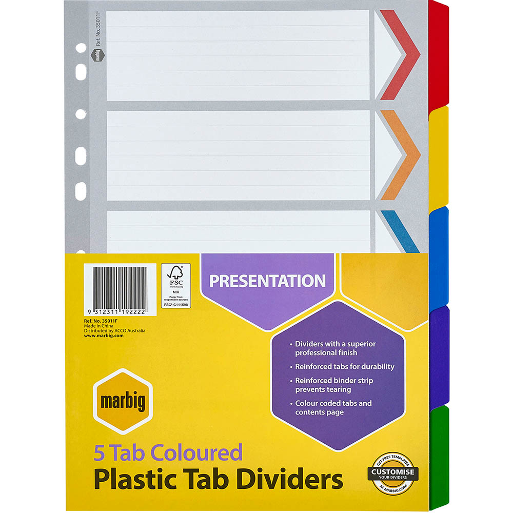 Image for MARBIG DIVIDER REINFORCED MANILLA 5-TAB A4 ASSORTED from Australian Stationery Supplies