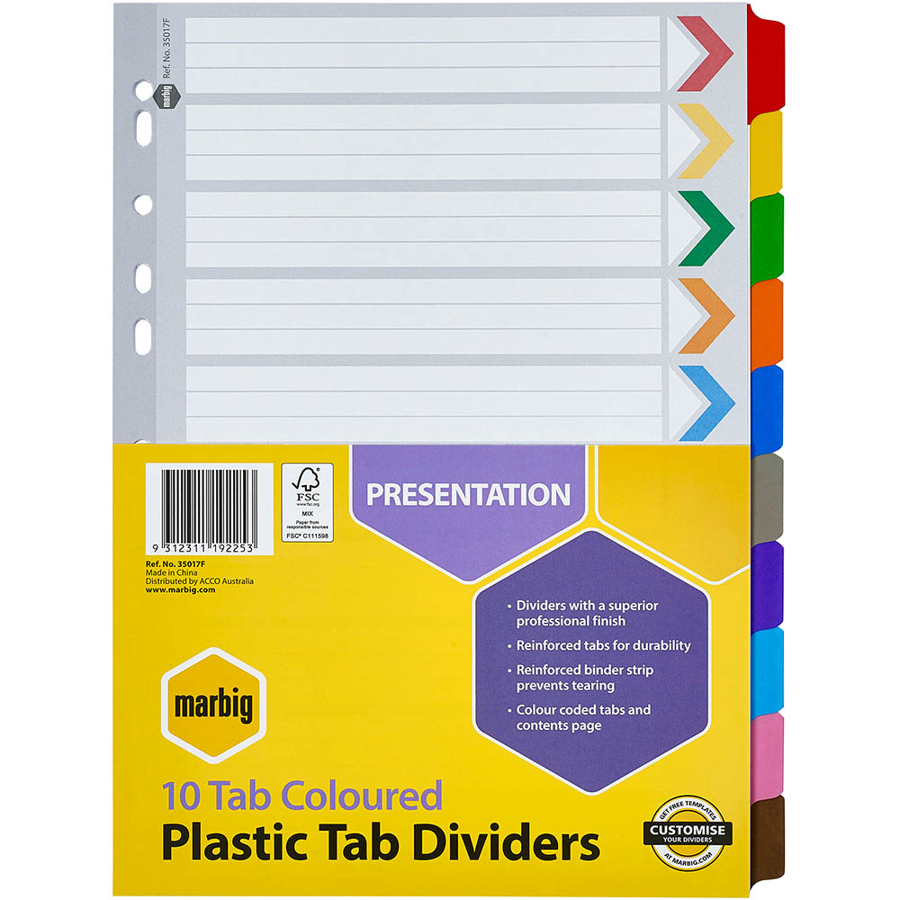 Image for MARBIG DIVIDER REINFORCED 10-TAB A4 ASSORTED from Memo Office and Art