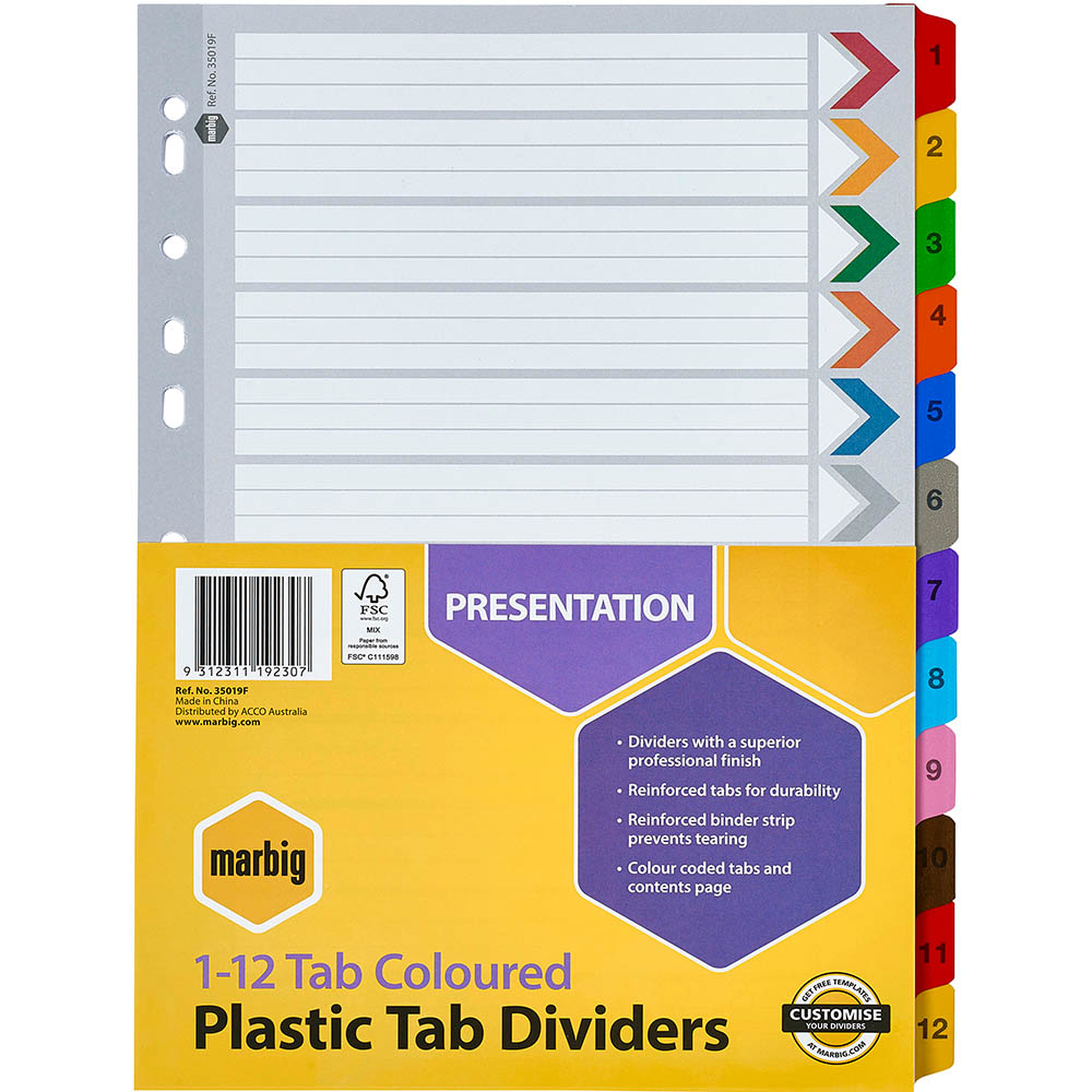 Image for MARBIG INDEX DIVIDER MANILLA 1-12 TAB A4 ASSORTED from Eastland Office Supplies