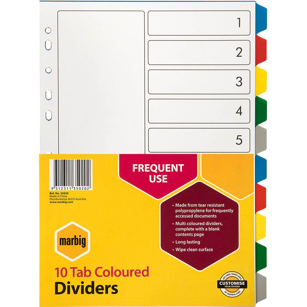 Image for MARBIG DIVIDER PP 10-TAB A4 ASSORTED from Challenge Office Supplies