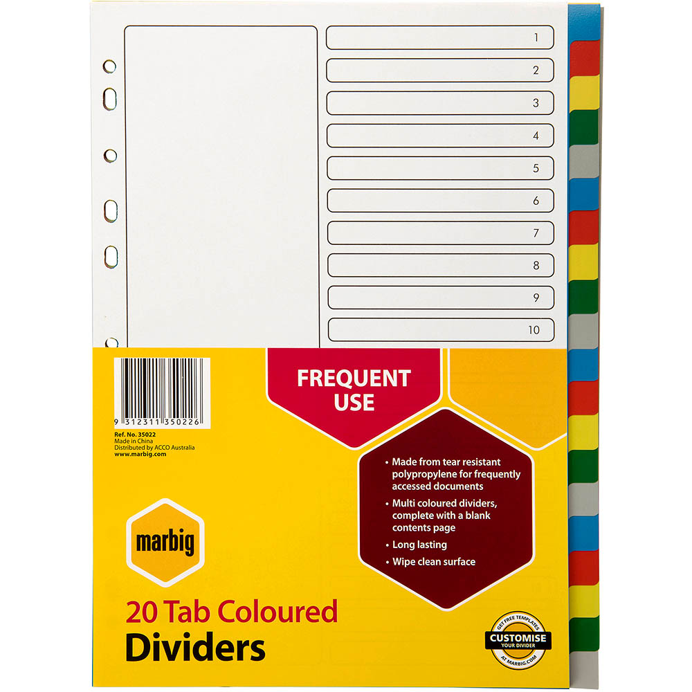 Image for MARBIG DIVIDER PP 20-TAB A4 ASSORTED from Office Heaven