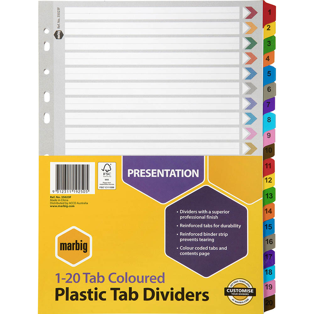 Image for MARBIG INDEX DIVIDER MANILLA 1-20 TAB A4 ASSORTED from Prime Office Supplies