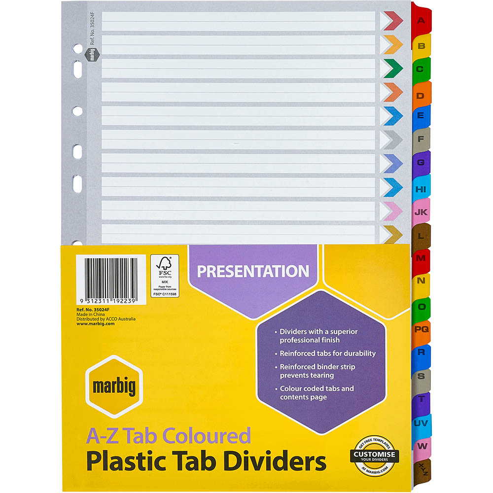 MARBIG INDEX DIVIDER REINFORCED MANILLA A-Z TAB A4 ASSORTED |  | 7004031i