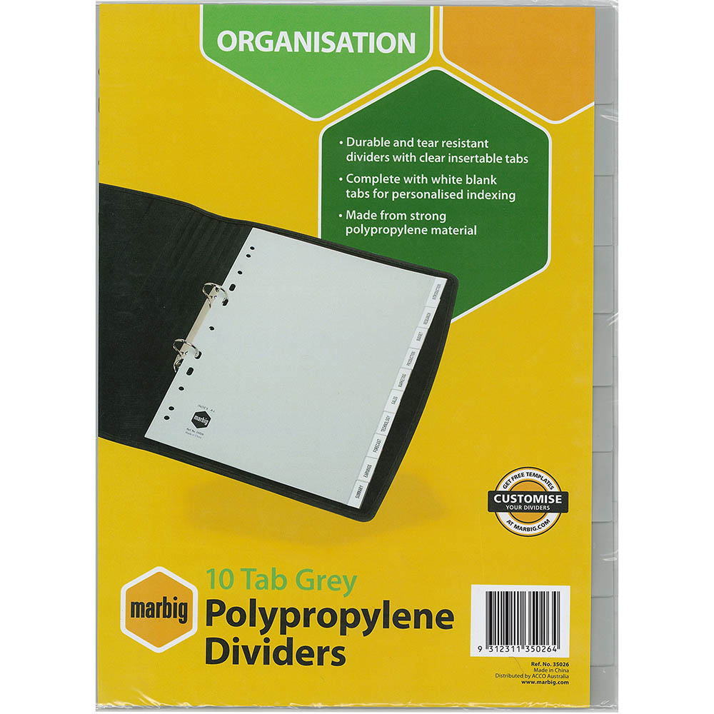 Image for MARBIG DIVIDER INSERTABLE PP 10-TAB A4 GREY from Challenge Office Supplies