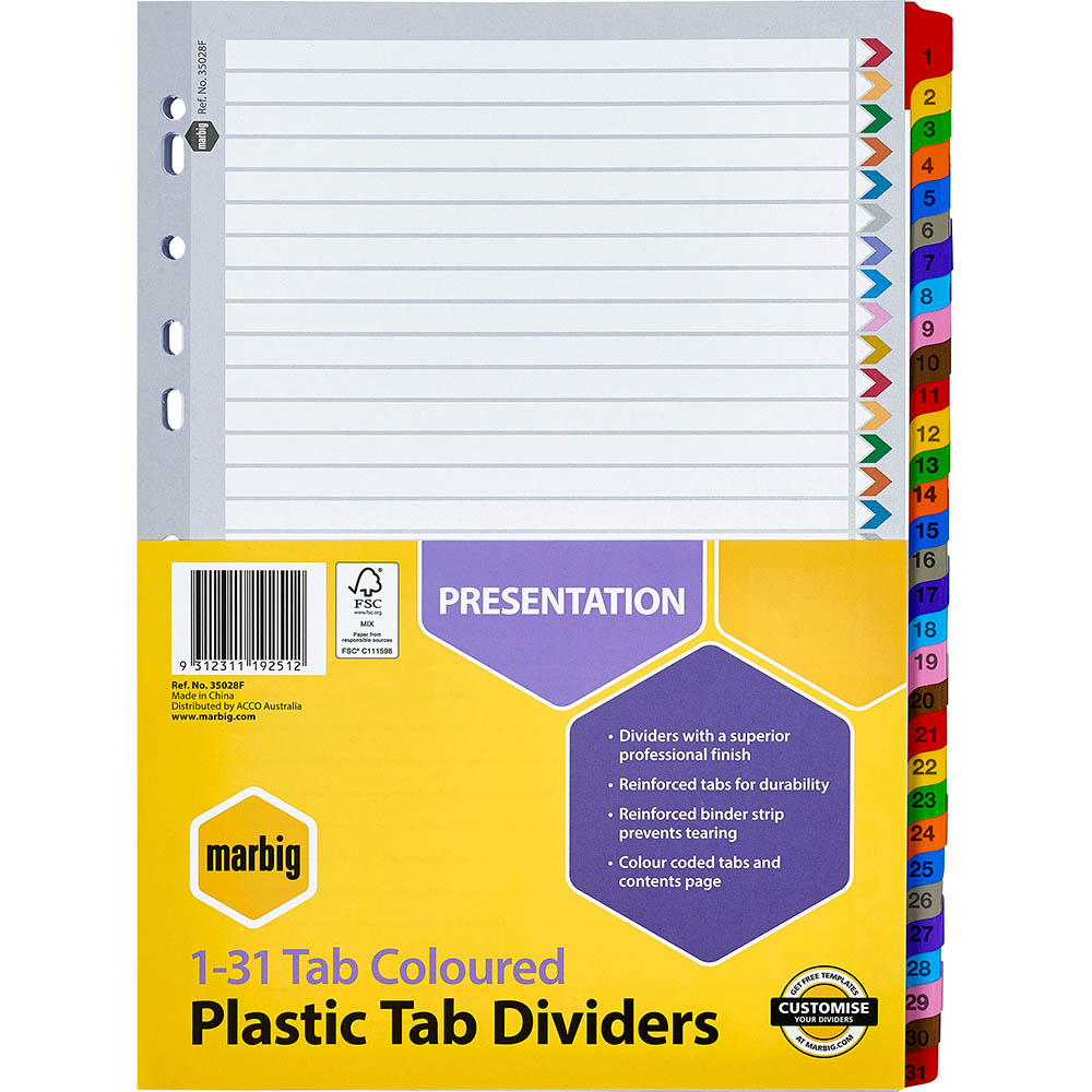 Image for MARBIG INDEX DIVIDER MANILLA 1-31 TAB A4 ASSORTED from Eastland Office Supplies