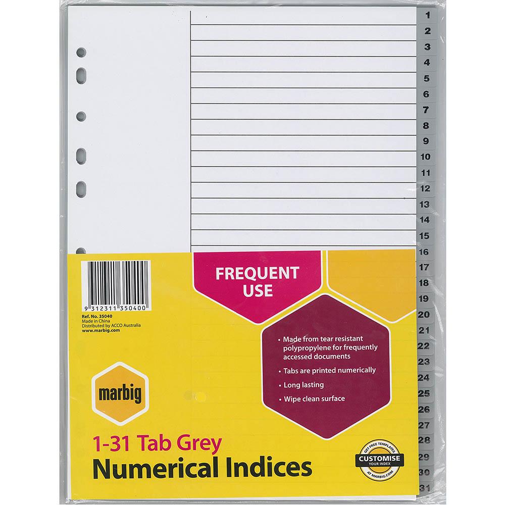 Image for MARBIG INDEX DIVIDER PP 1-31 TAB A4 GREY from BusinessWorld Computer & Stationery Warehouse