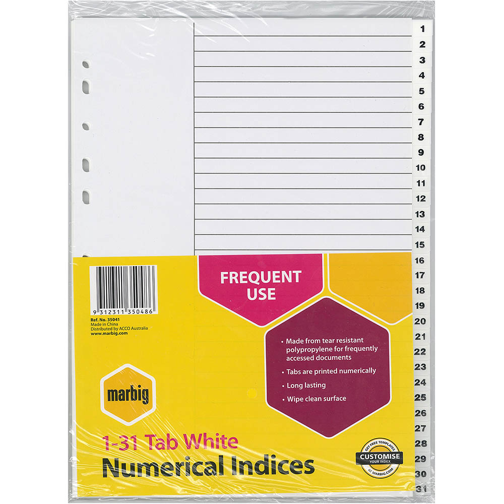 Image for MARBIG INDEX DIVIDER PP 1-31 TAB A4 WHITE from Mercury Business Supplies